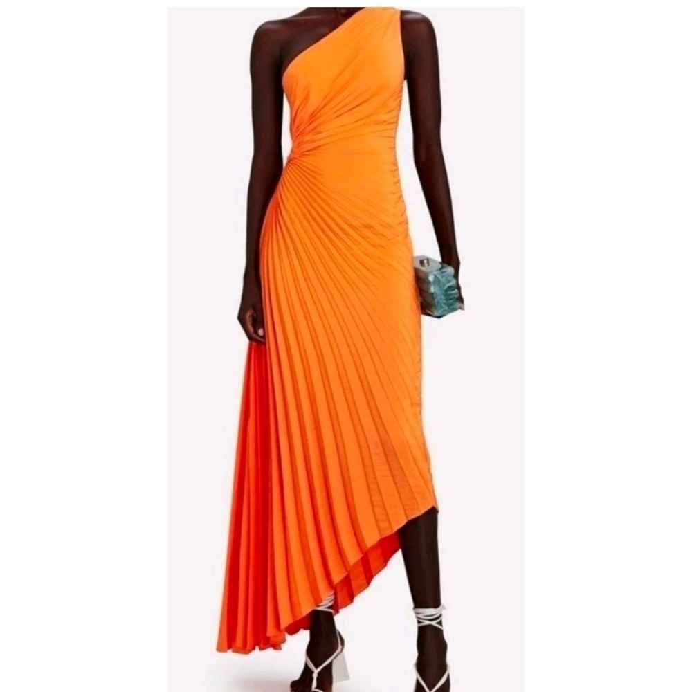 House Of Harlow 1960 One Shoulder Pleated Orange Asymmetrical Midi Dress Sz M